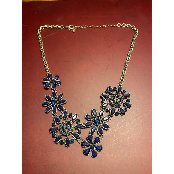 Bib Blue Floral Flowers Statement Necklace Art Deco Design Lobster  Adjustable - Picture 7 of 14